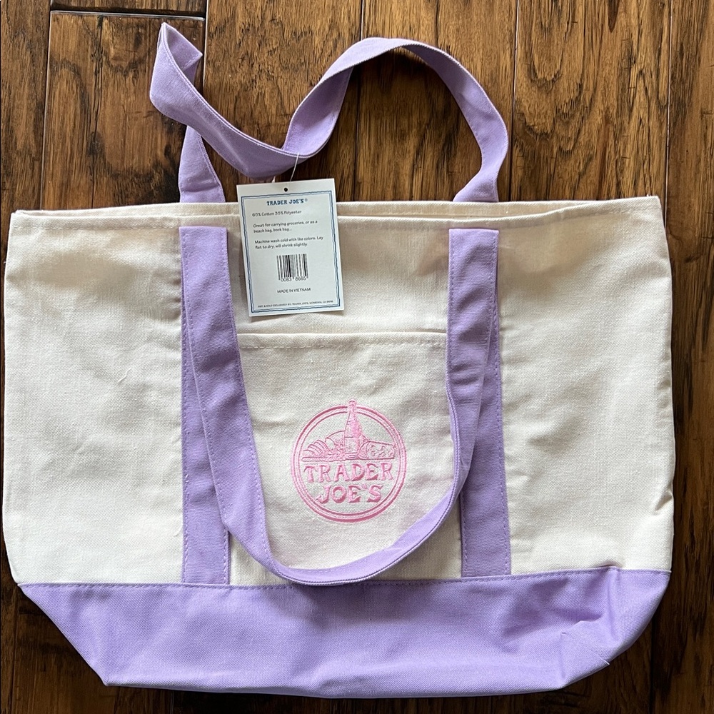 Large Trader Joes Tote Bag Lavender Purple Canvas 20" × 14” Brand New With Tags